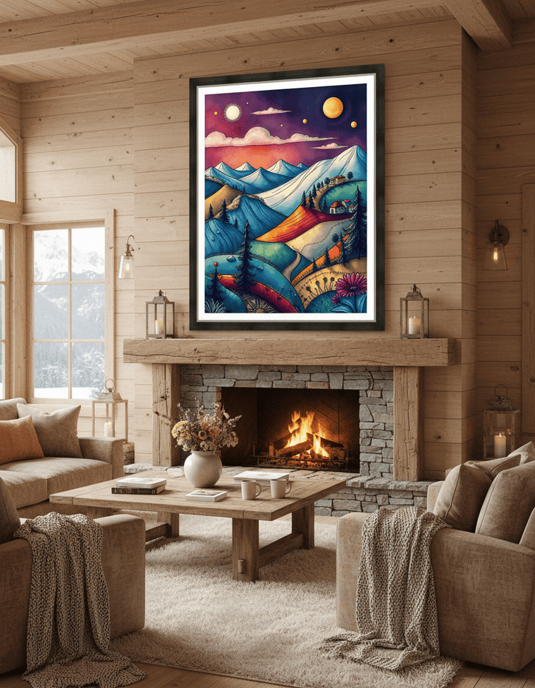 Framed abstract landscape print with blue mountains, stars, and planets in cosmic colors