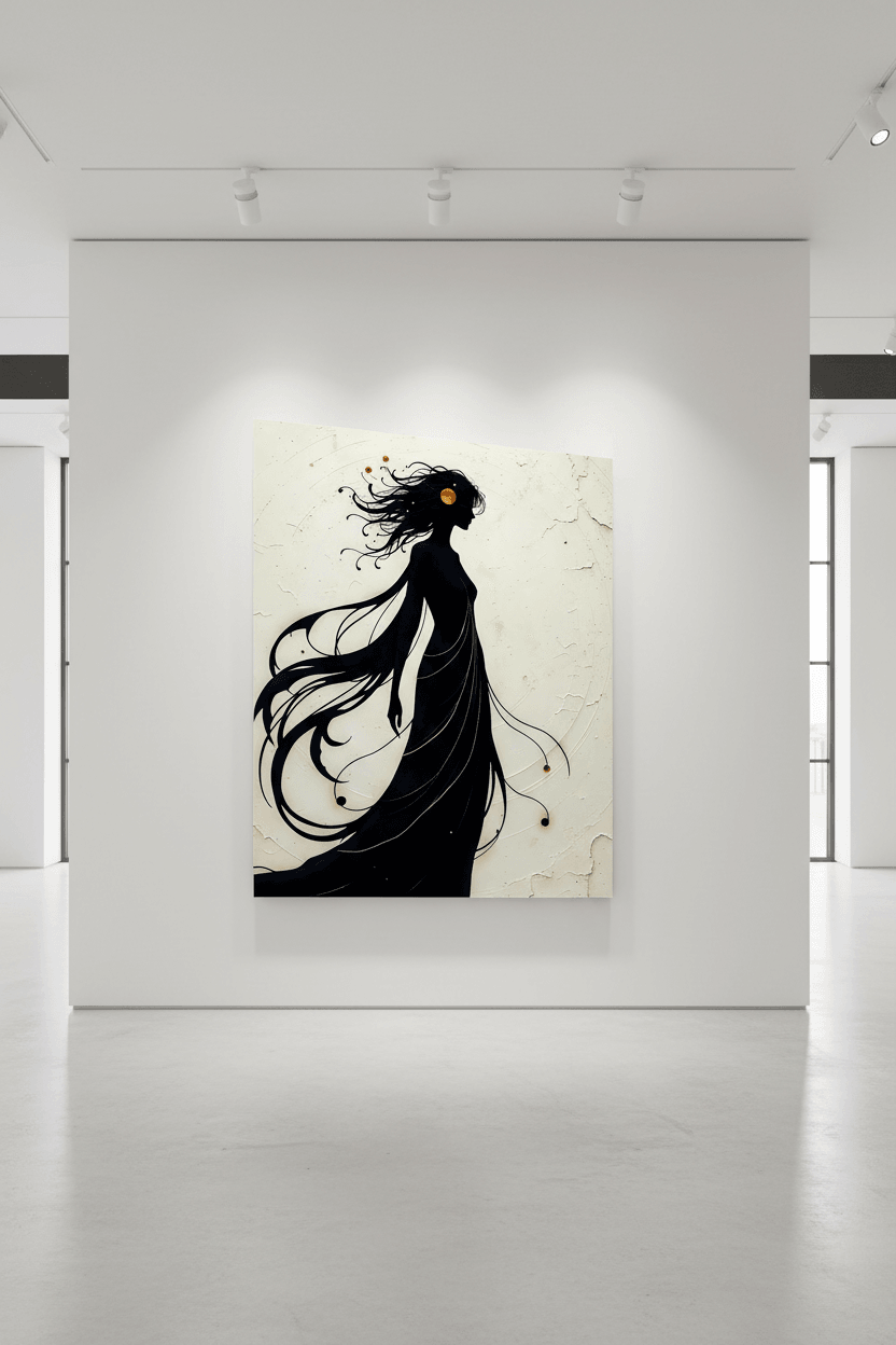 Framed wall art with a black silhouette woman and flowing hair on off-white