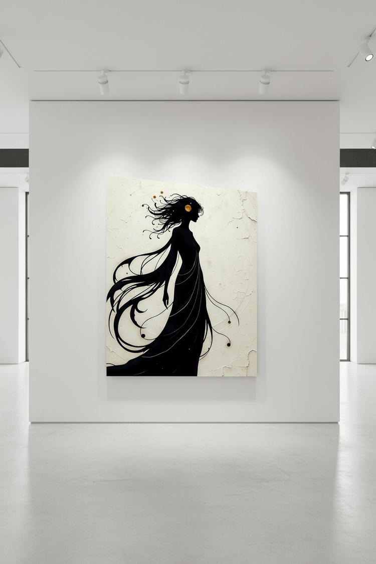 Framed wall art with a black silhouette woman and flowing hair on off-white