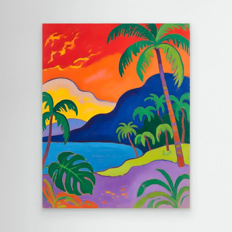 Framed tropical beach sunset wall art with palm trees, ocean, and orange-red sky.