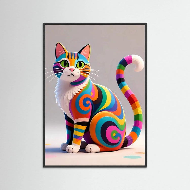 Framed cat wall art with rainbow swirl stripes and striped tail, black frame