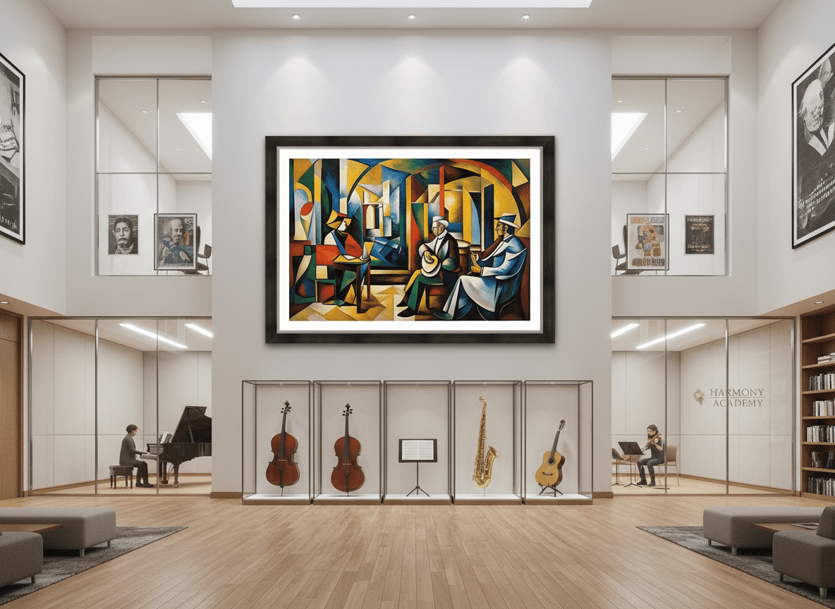 Framed cubist-style wall art print with musicians, candles, and bold geometric arches
