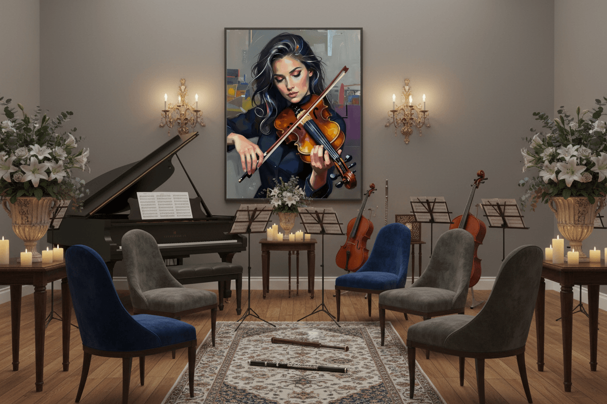 Framed print of young woman playing violin, long dark hair and orange-brown violin