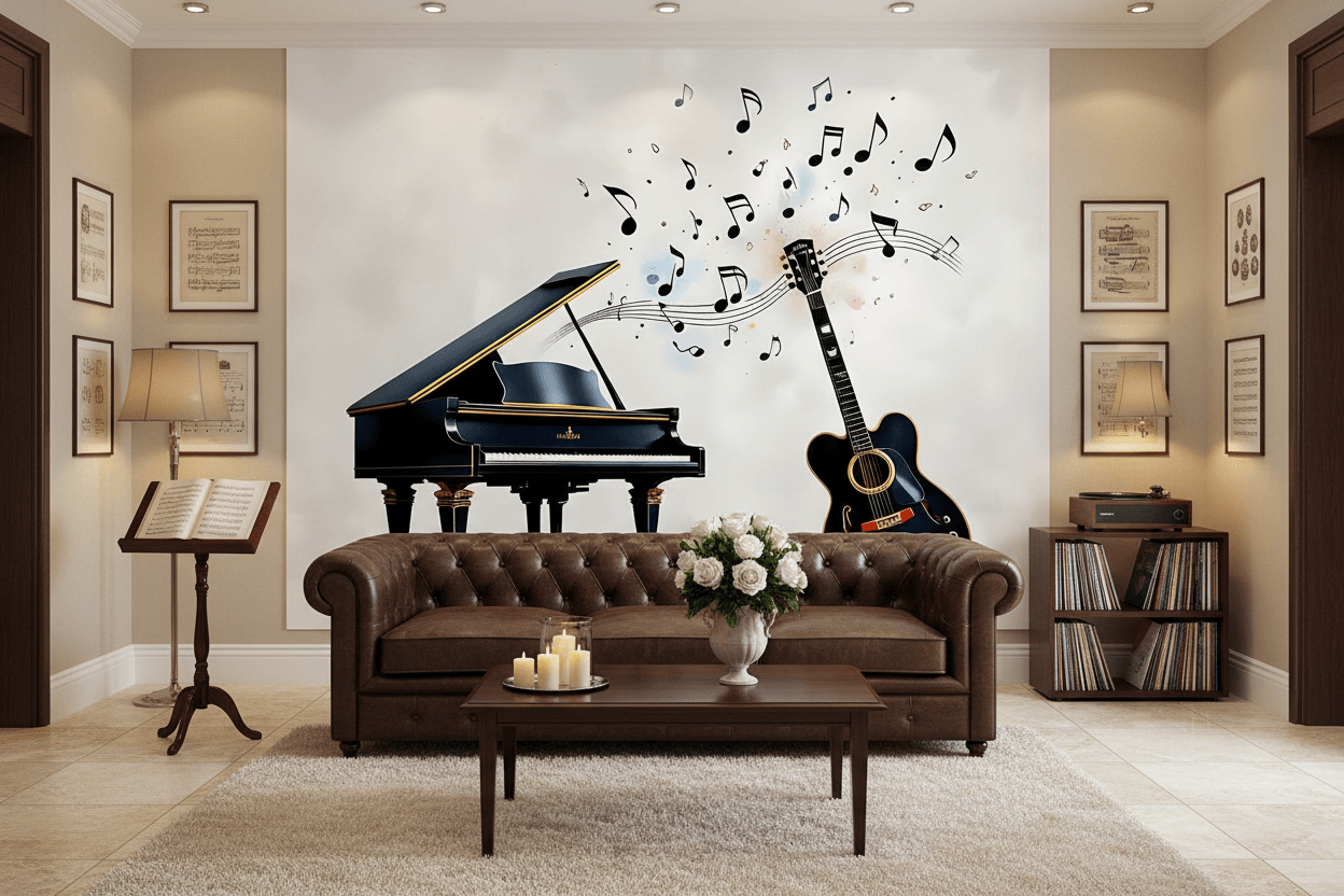 Framed musical wall art featuring a grand piano, acoustic guitar, and musical note swirls