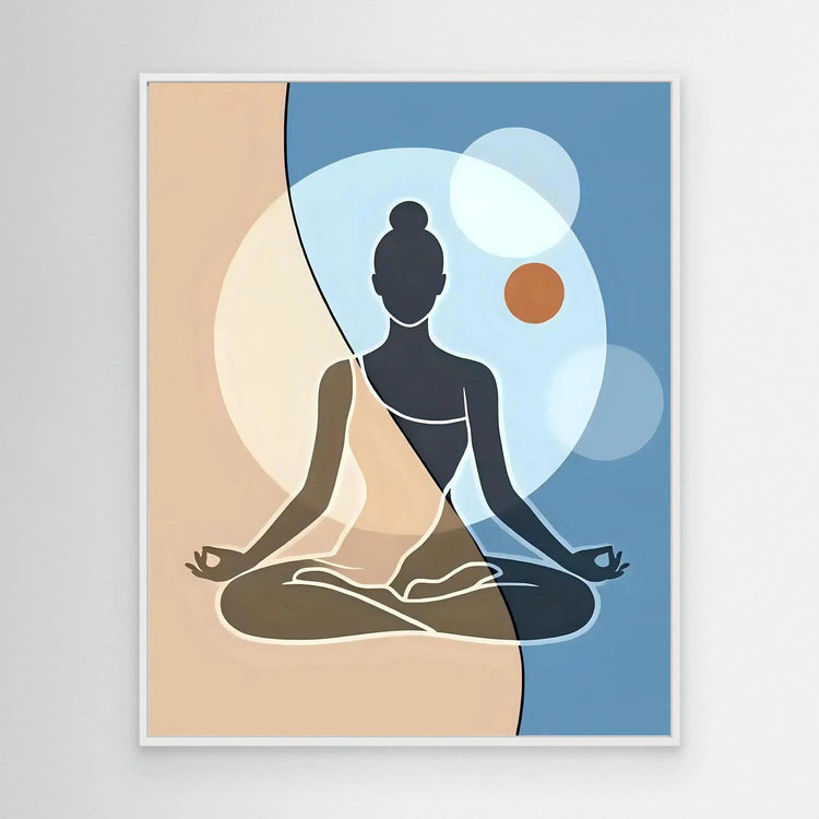 Silver-framed wall art print of seated female meditation silhouette on blue and beige abstract design
