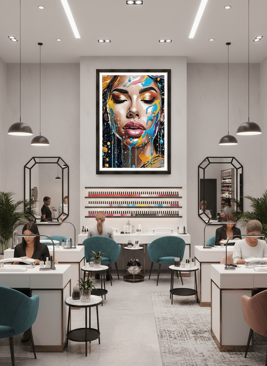 Framed abstract face portrait wall art with colorful paint drips and glossy lips