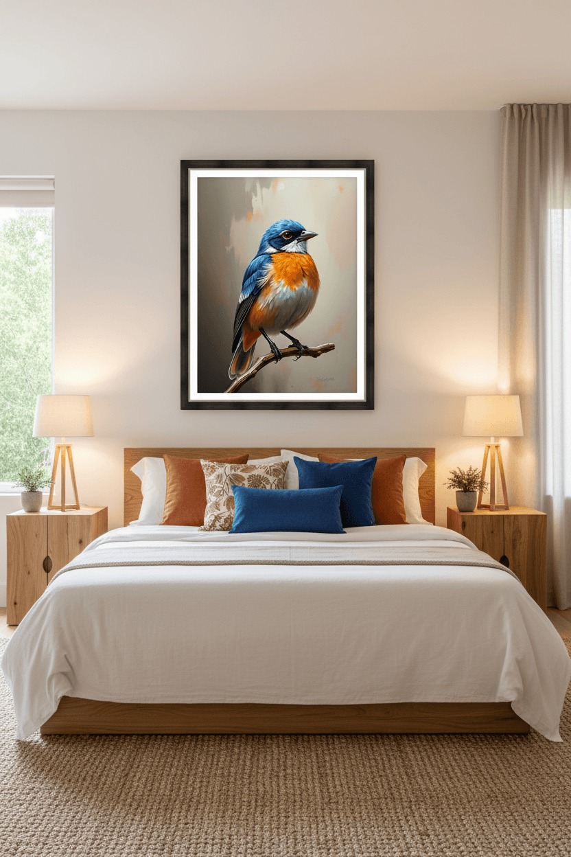 Framed blue and orange bird portrait wall art, perched on a twig branch