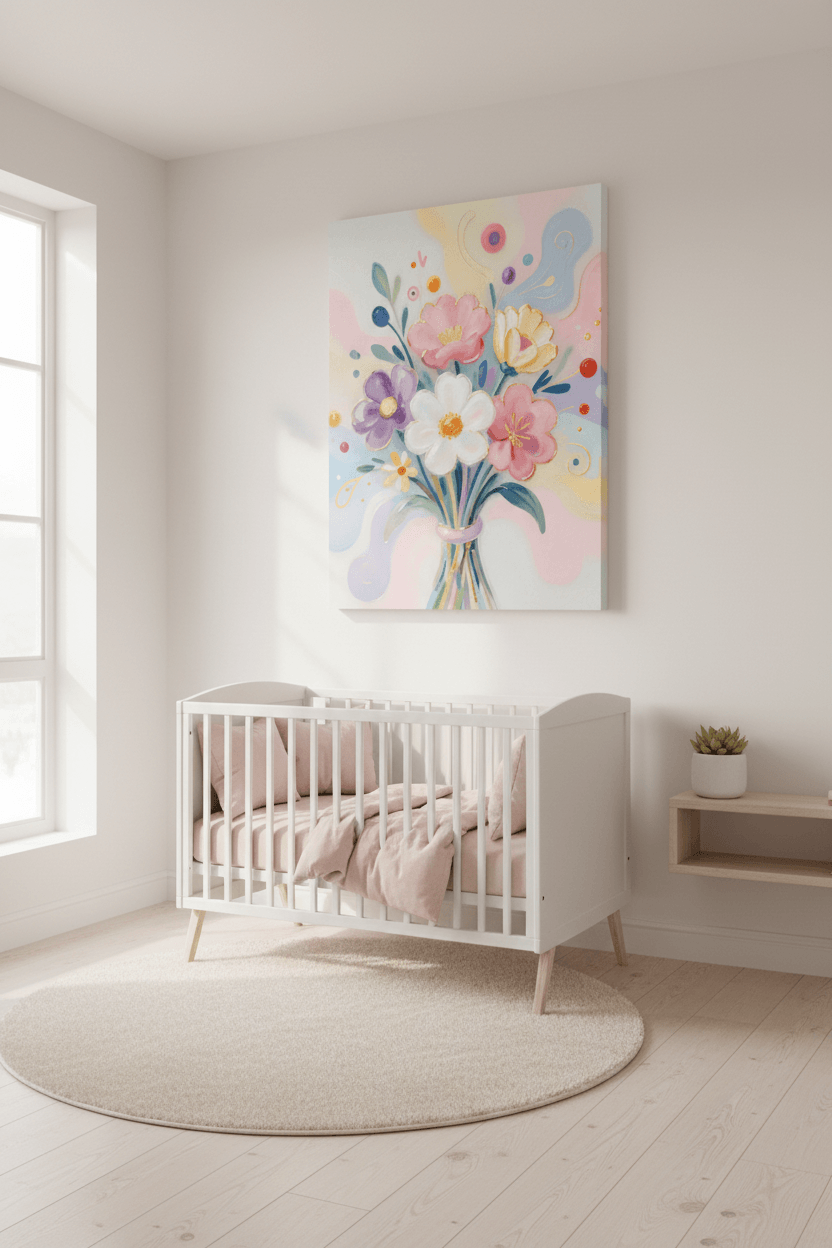Pastel floral bouquet canvas print with pink and white flowers in a vase