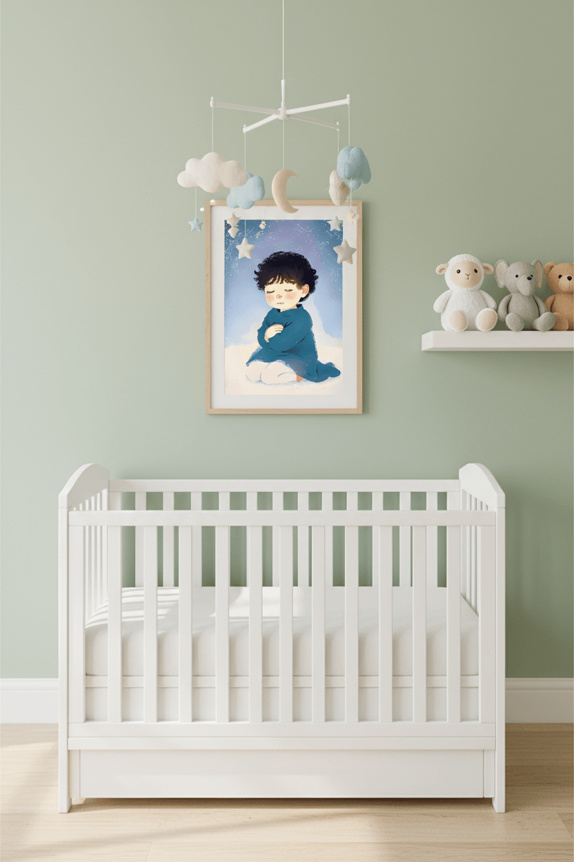 Framed art print of a kneeling child in blue holding a cup