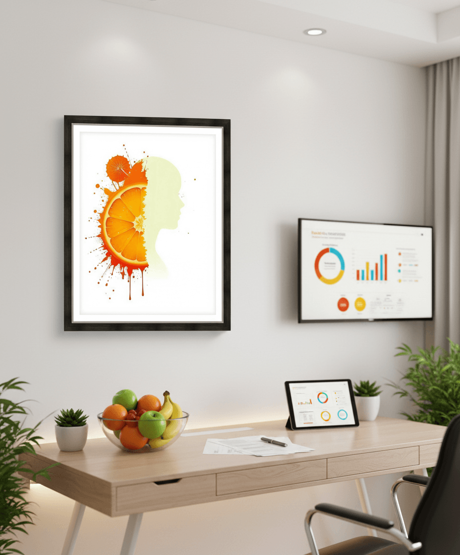 Square framed art featuring orange citrus burst over a pale side-profile silhouette