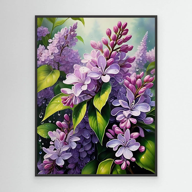 Framed lilac flower wall art print with purple blooms and green leaves, dark frame