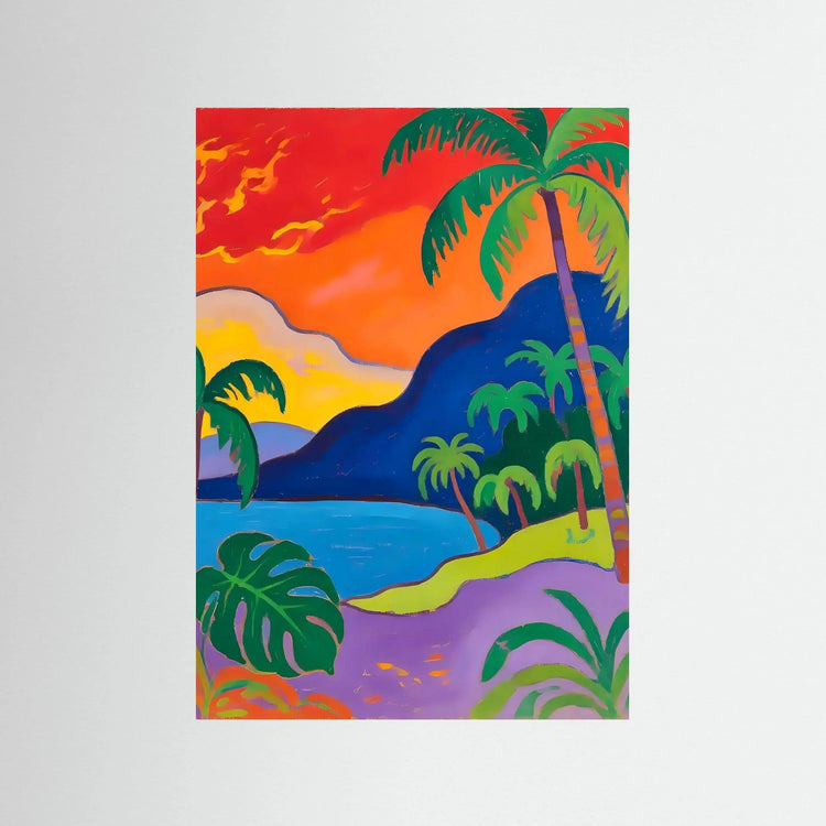 Palm tropical beach wall art print with sunset, ocean, and tropical foliage; no visible frame