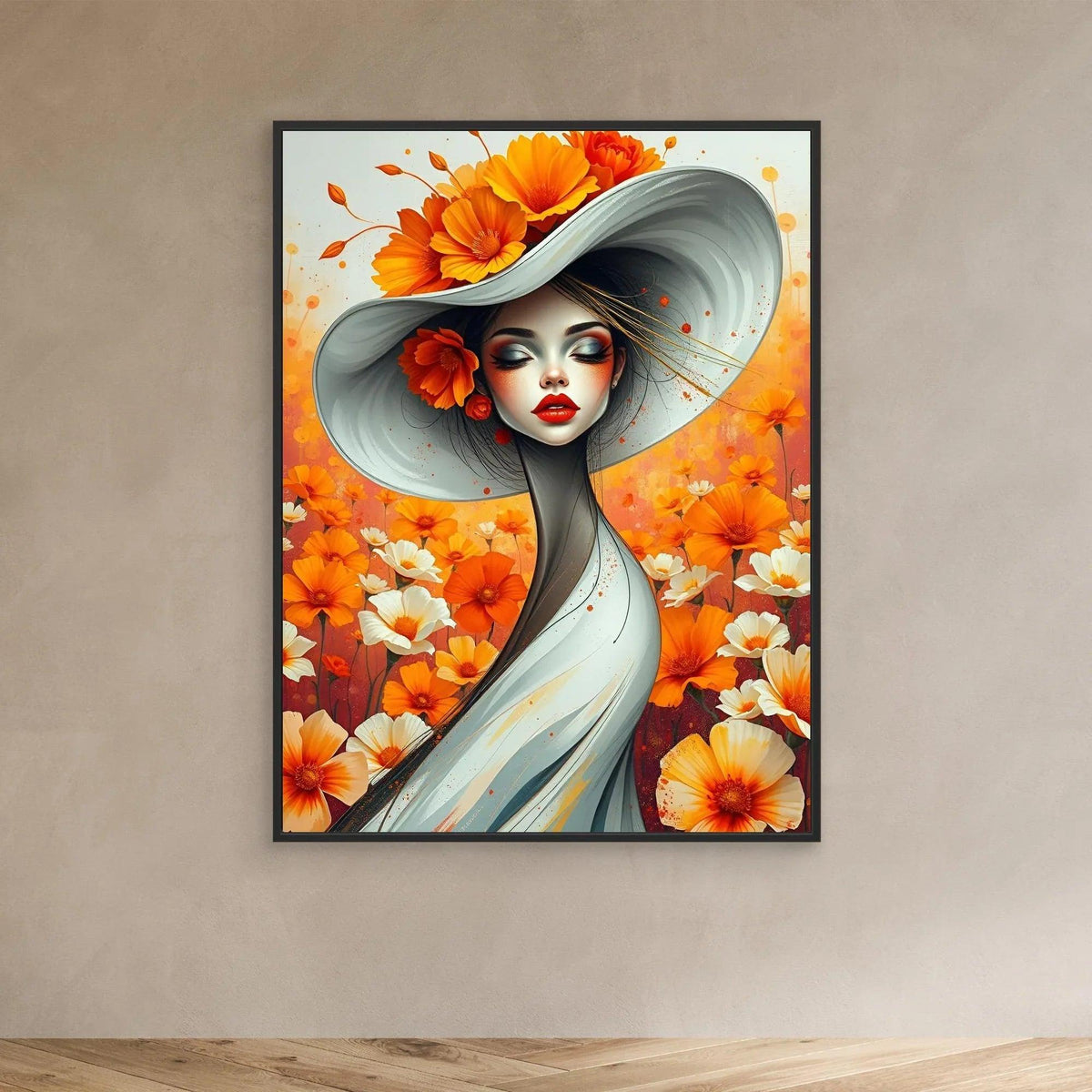 White-framed floral portrait of a woman in a light blue dress with orange and white flowers