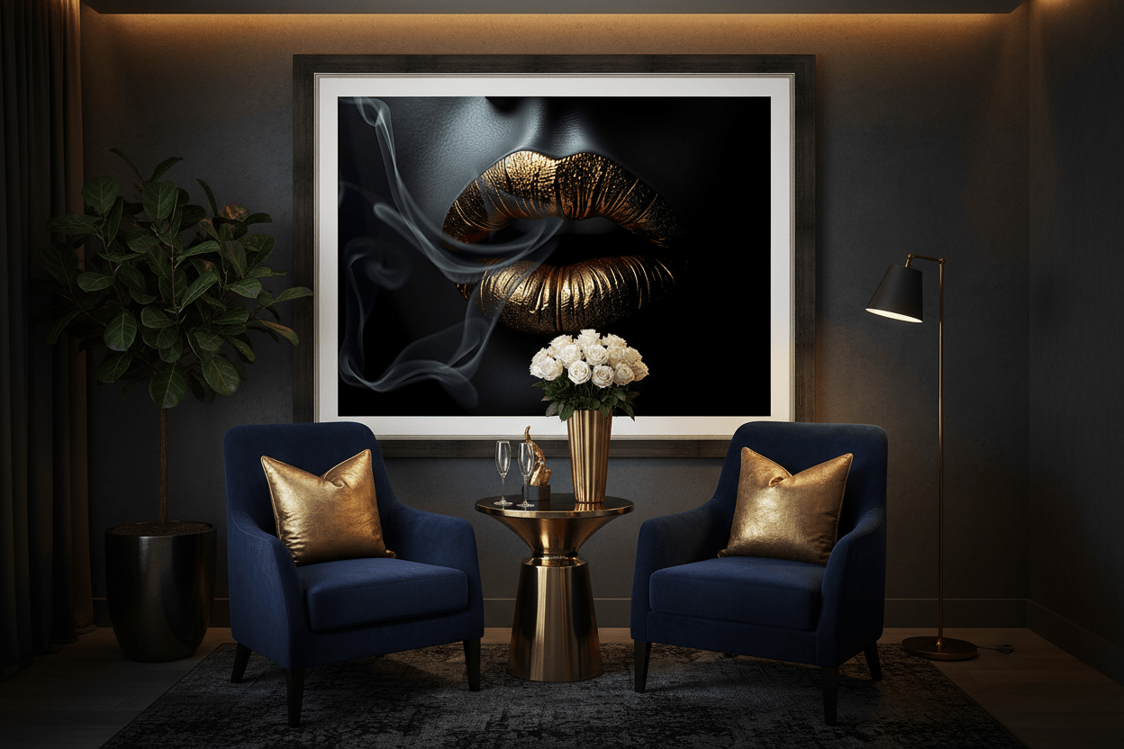 Framed wall art with gold lips and gray smoke on black background