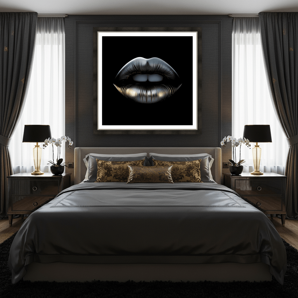 Framed square wall art with blue-gray metallic lips and gold-toned lower lip