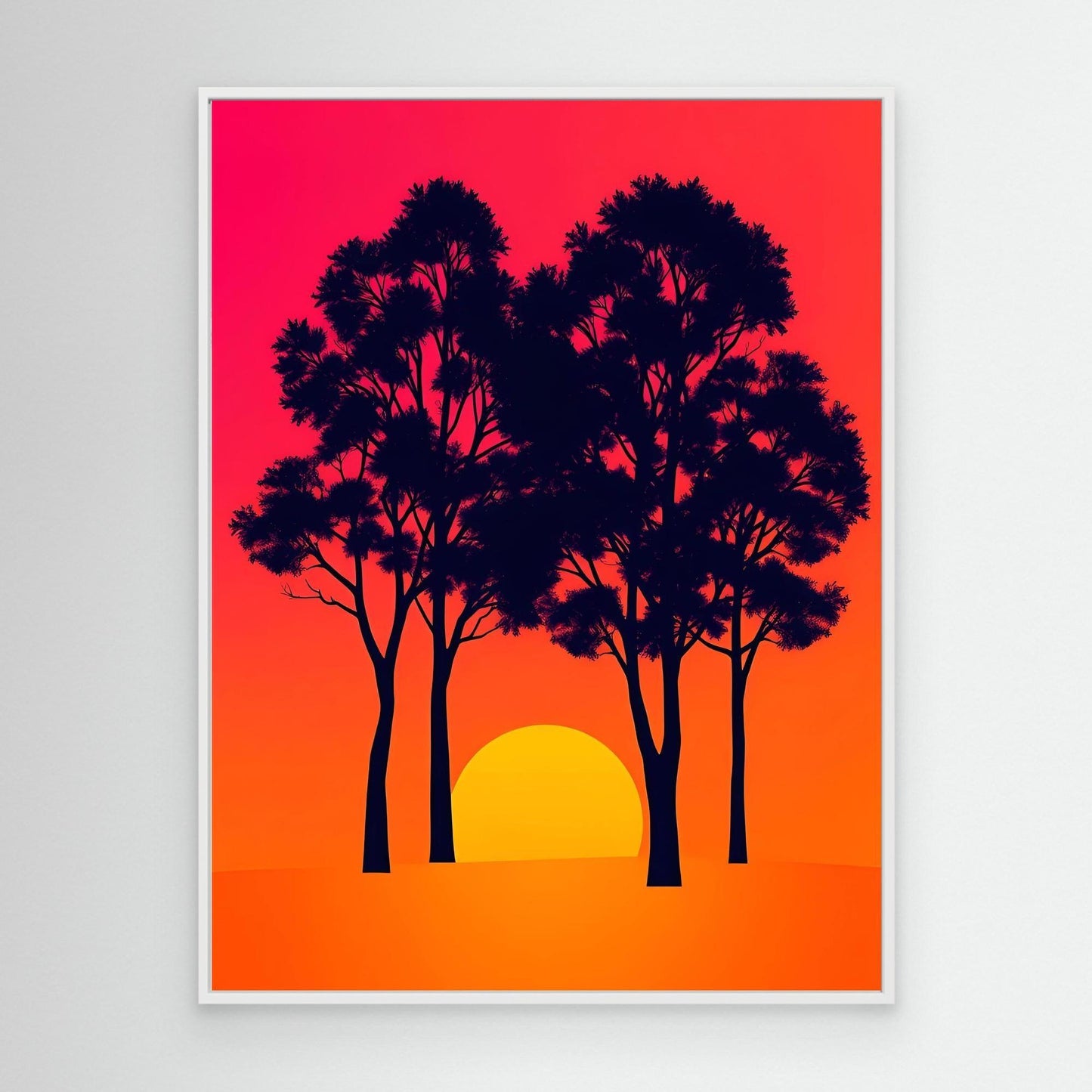 Tree silhouette wall art print with red-orange background and yellow sun, white frame