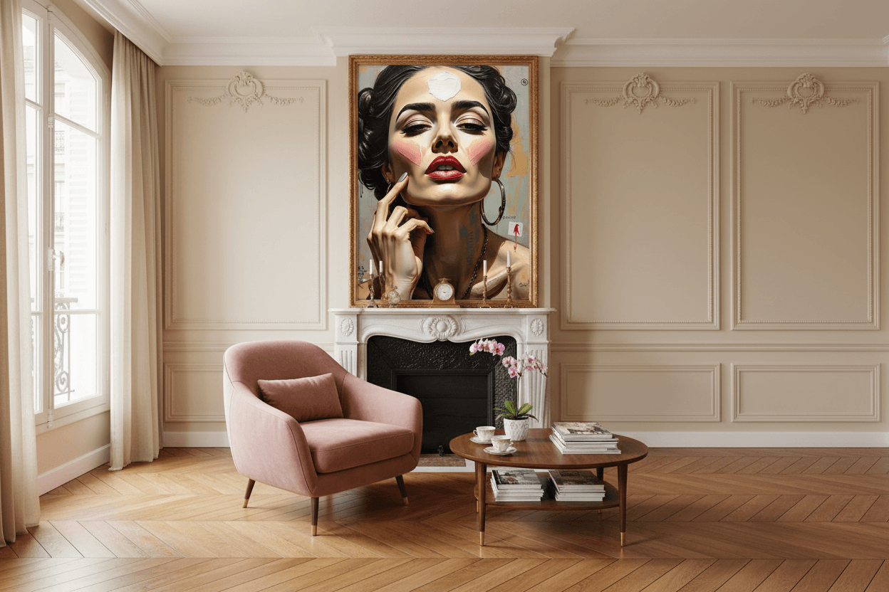 Framed portrait print of a woman with bold makeup, red lips, and white face highlight.