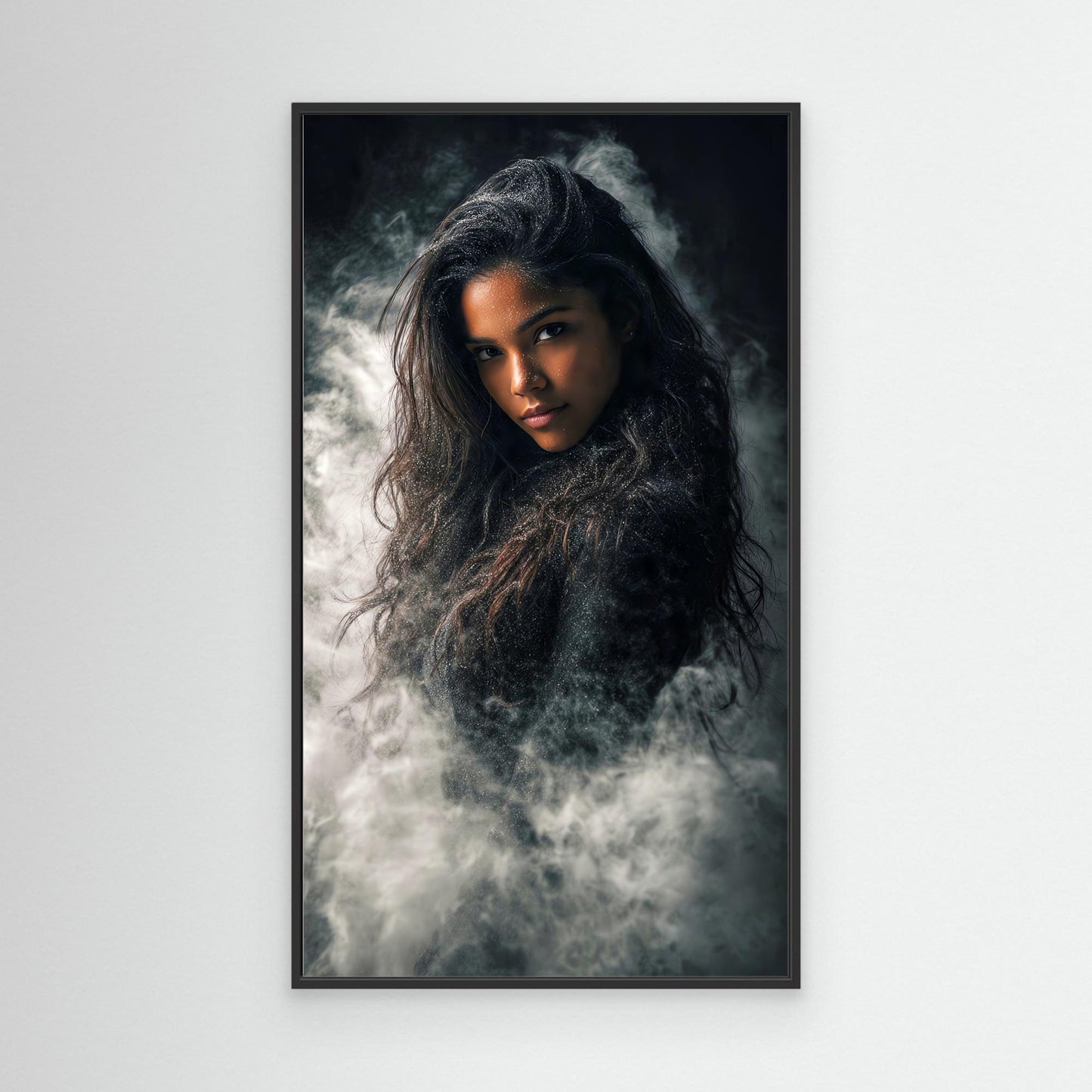 Framed wall art print with black border, woman with long dark hair and smoky haze