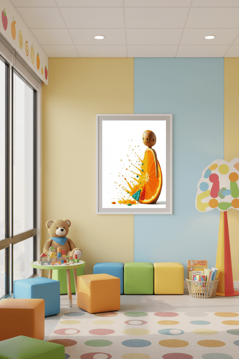 Framed orange slice character artwork above sofa, with colorful paint splatter