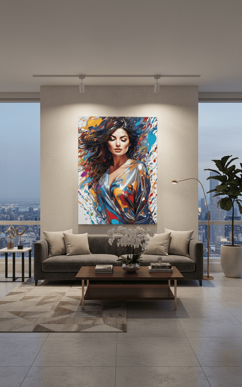 Framed contemporary wall art featuring a woman with dark hair and multicolor paint splatter background