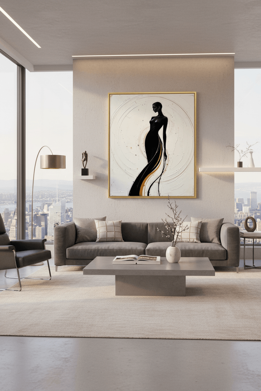 Framed wall art featuring a stylized woman silhouette with gold trim and circular linework