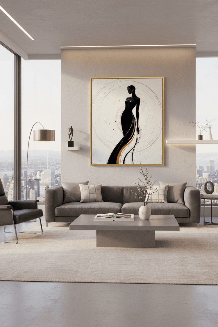 Framed wall art featuring a stylized woman silhouette with gold trim and circular linework