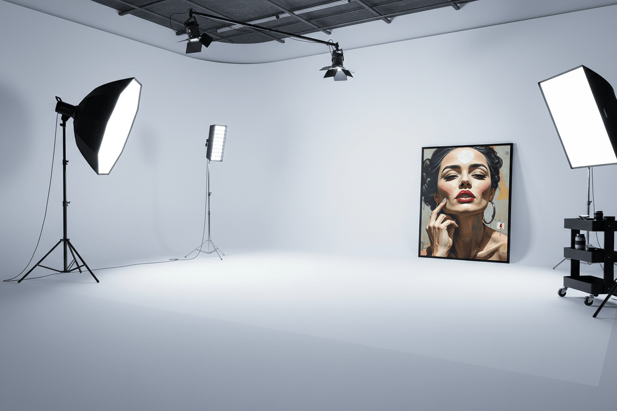 Portrait artwork displayed during studio lighting: woman with bold makeup and red lips.