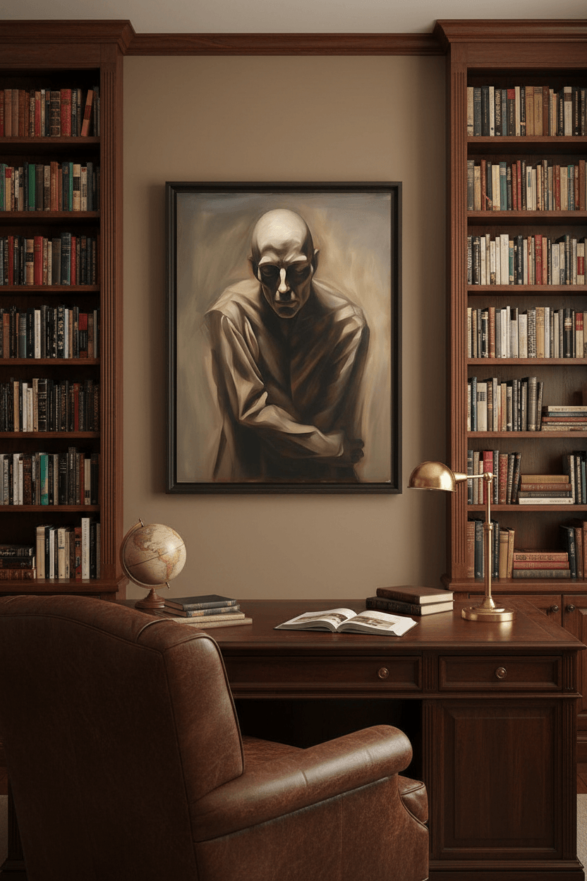 Framed monochrome skull portrait print above a desk, robed figure with crossed arms