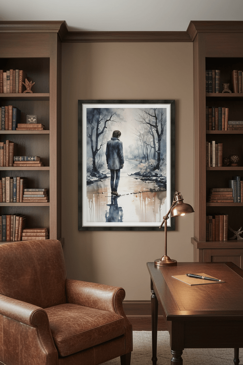 Framed watercolor art print featuring a lone man seen from behind in snowy woods