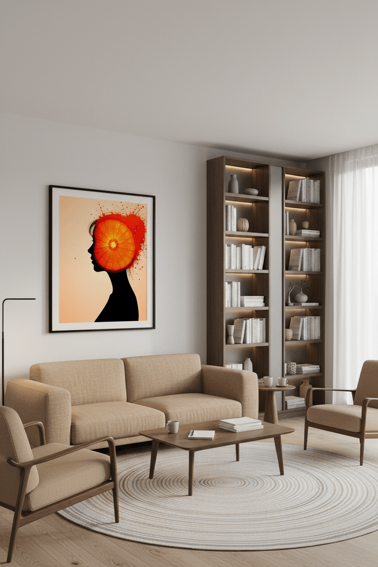 Framed abstract portrait artwork showing side-profile head with orange-red circle