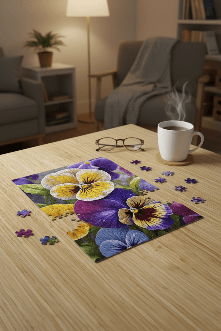 Pansy flower jigsaw puzzle image with purple, yellow, and white blooms and scattered pieces.