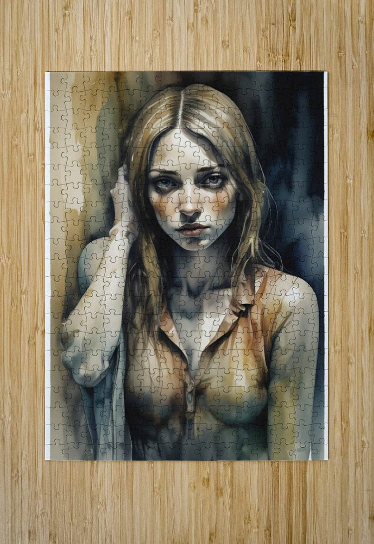 Watercolor jigsaw portrait of a blonde woman in hoodie, blue-gray and beige