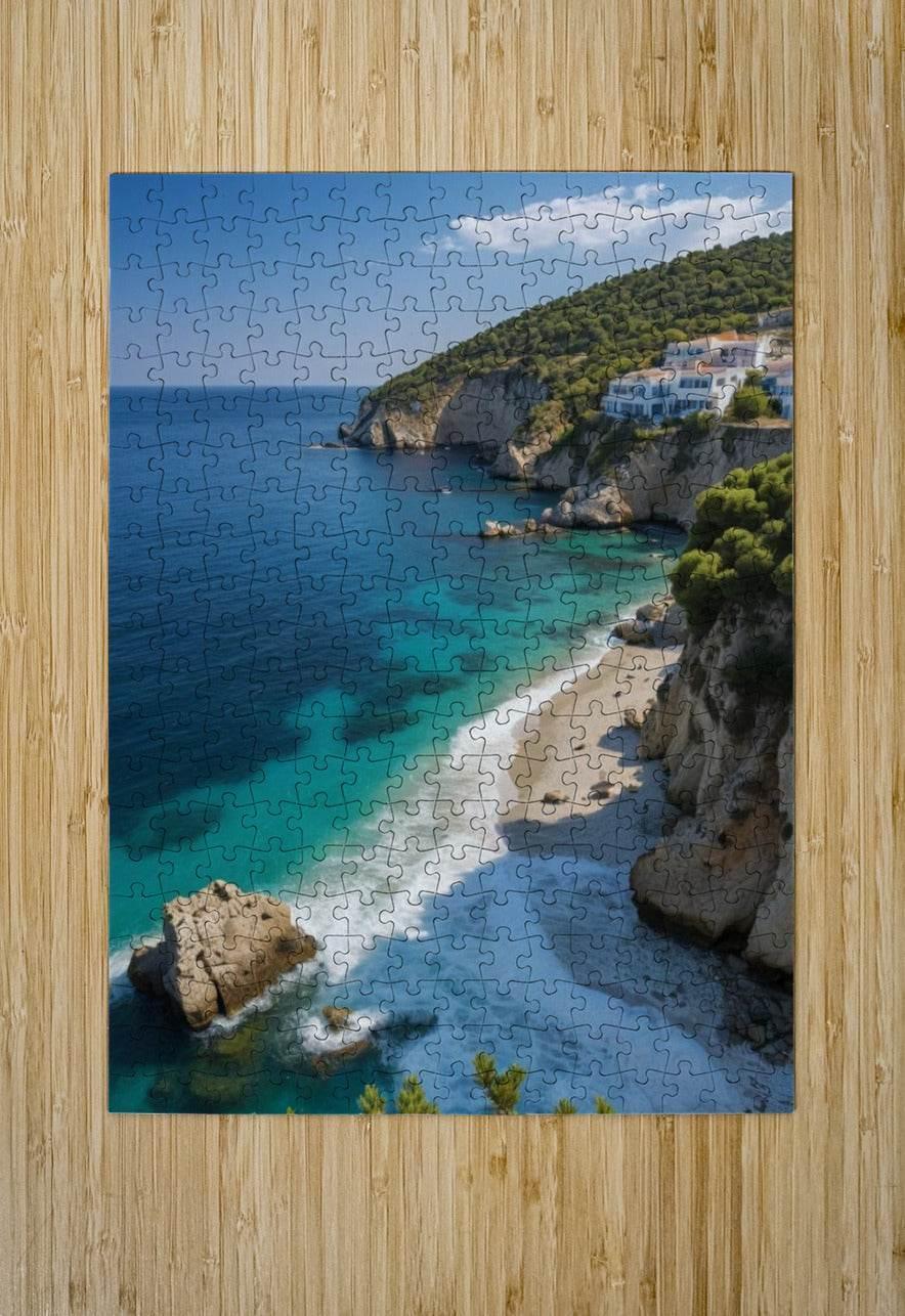 Jigsaw puzzle print of turquoise coastline with sandy beach, rocks, and white homes