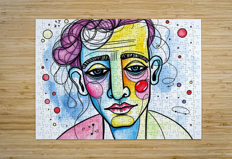 Jigsaw puzzle panel featuring a colorful abstract face with curled purple hair