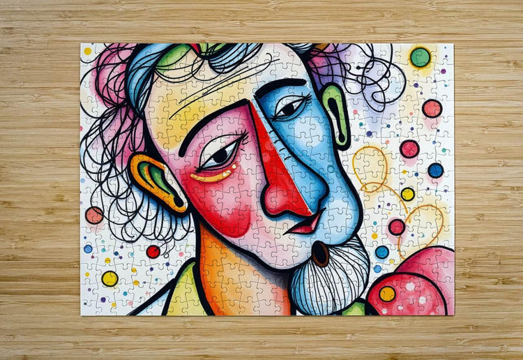 Puzzle print artwork of a two-face abstract portrait with curly hair and colorful dots