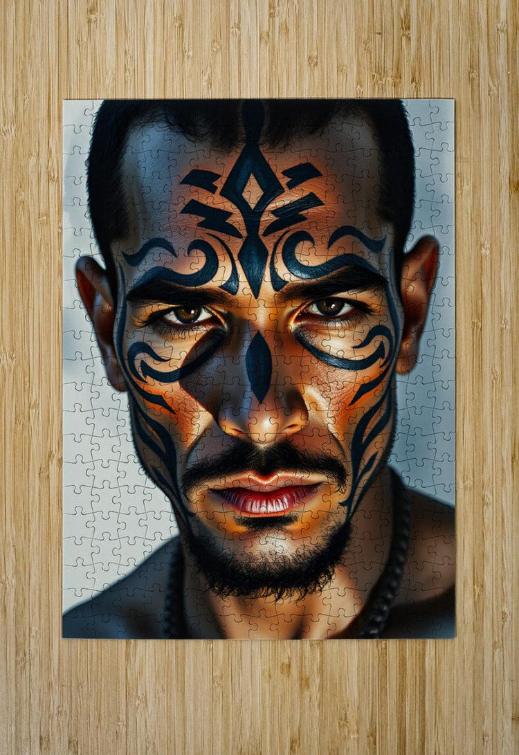 Tribal face portrait print with blue and orange markings, framed on jigsaw panel