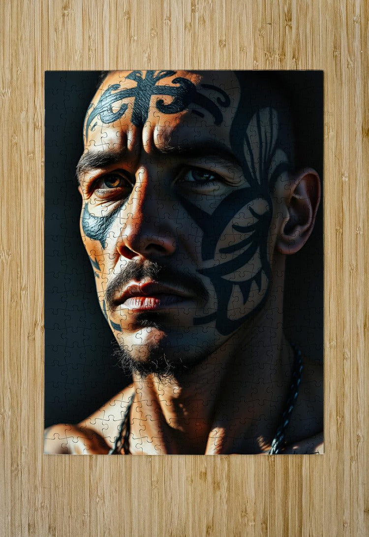 Tribal portrait wall art puzzle-piece style on a man's face with blue and dark paint