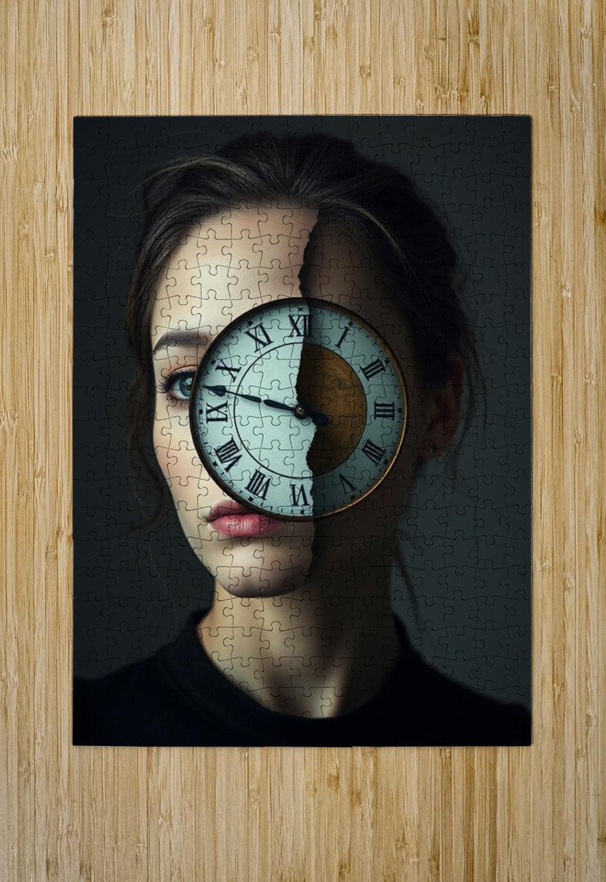 Surreal portrait wall art puzzle style: clock covering woman’s face.