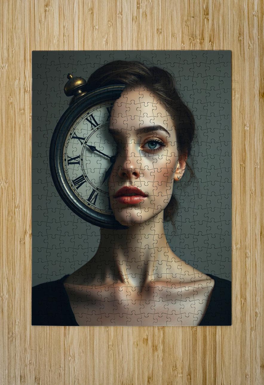 Jigsaw puzzle print showing a woman’s portrait with clock overlay