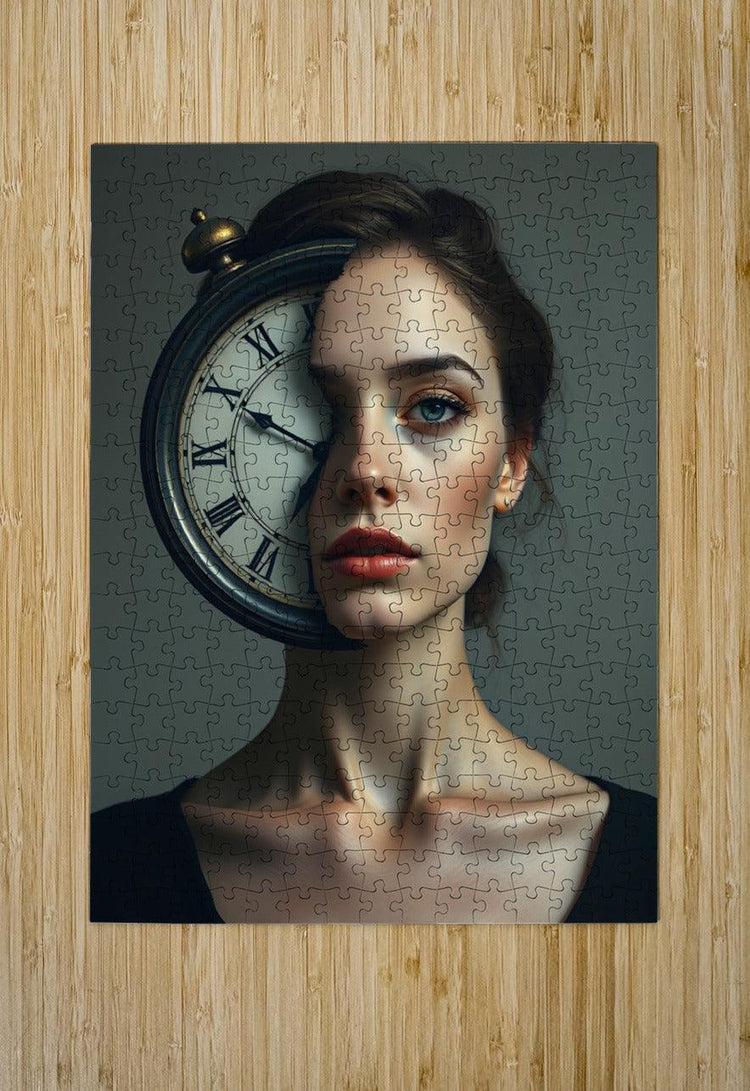 Jigsaw puzzle print showing a woman’s portrait with clock overlay