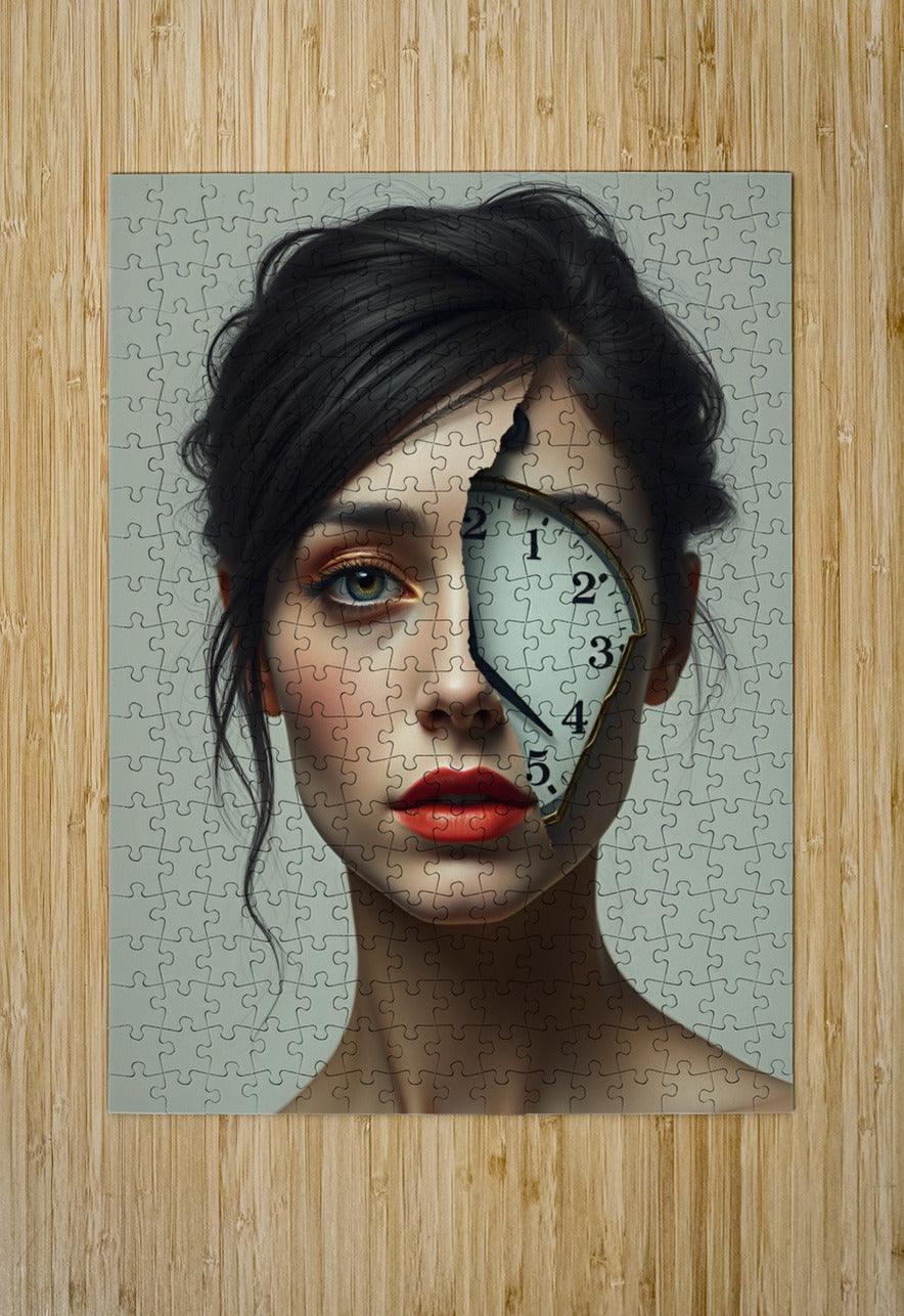 Puzzle portrait wall art of a woman with a clock graphic across her face