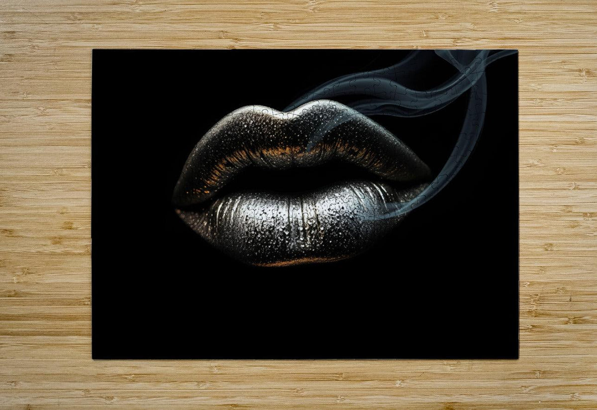 Metallic silver lips art print on dark background with black border edges