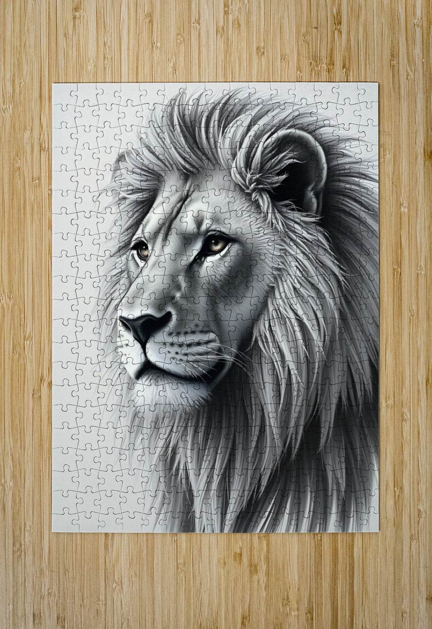 Lion head puzzle artwork, black-and-white lion portrait on jigsaw panel