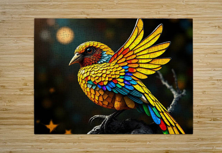 Stained-glass style bird puzzle-style panel, colorful mosaic wings on wooden background