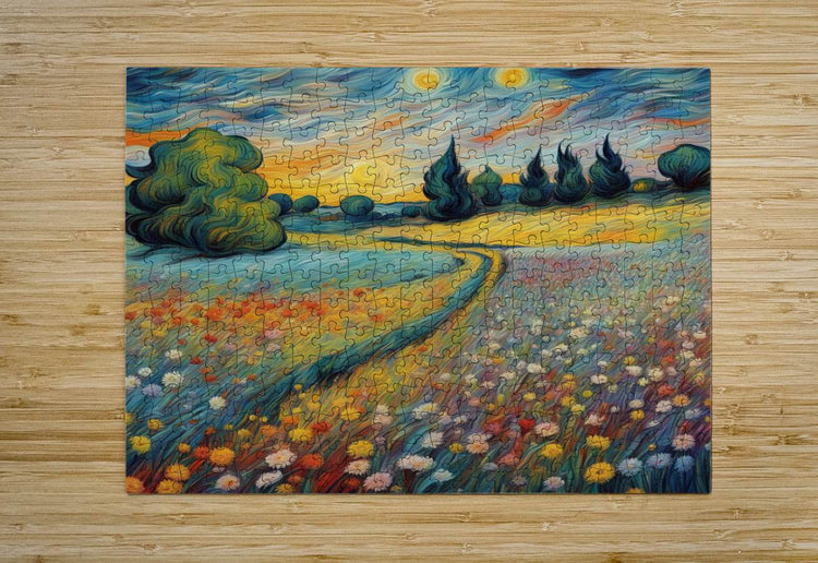 Landscape jigsaw-style puzzle image with a winding path and blooming wildflowers
