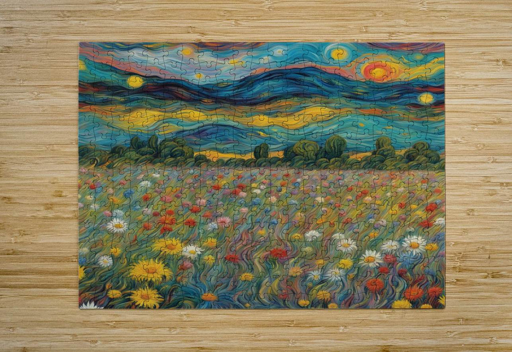 Wood-puzzle style artwork showing swirled sky and bright wildflower field