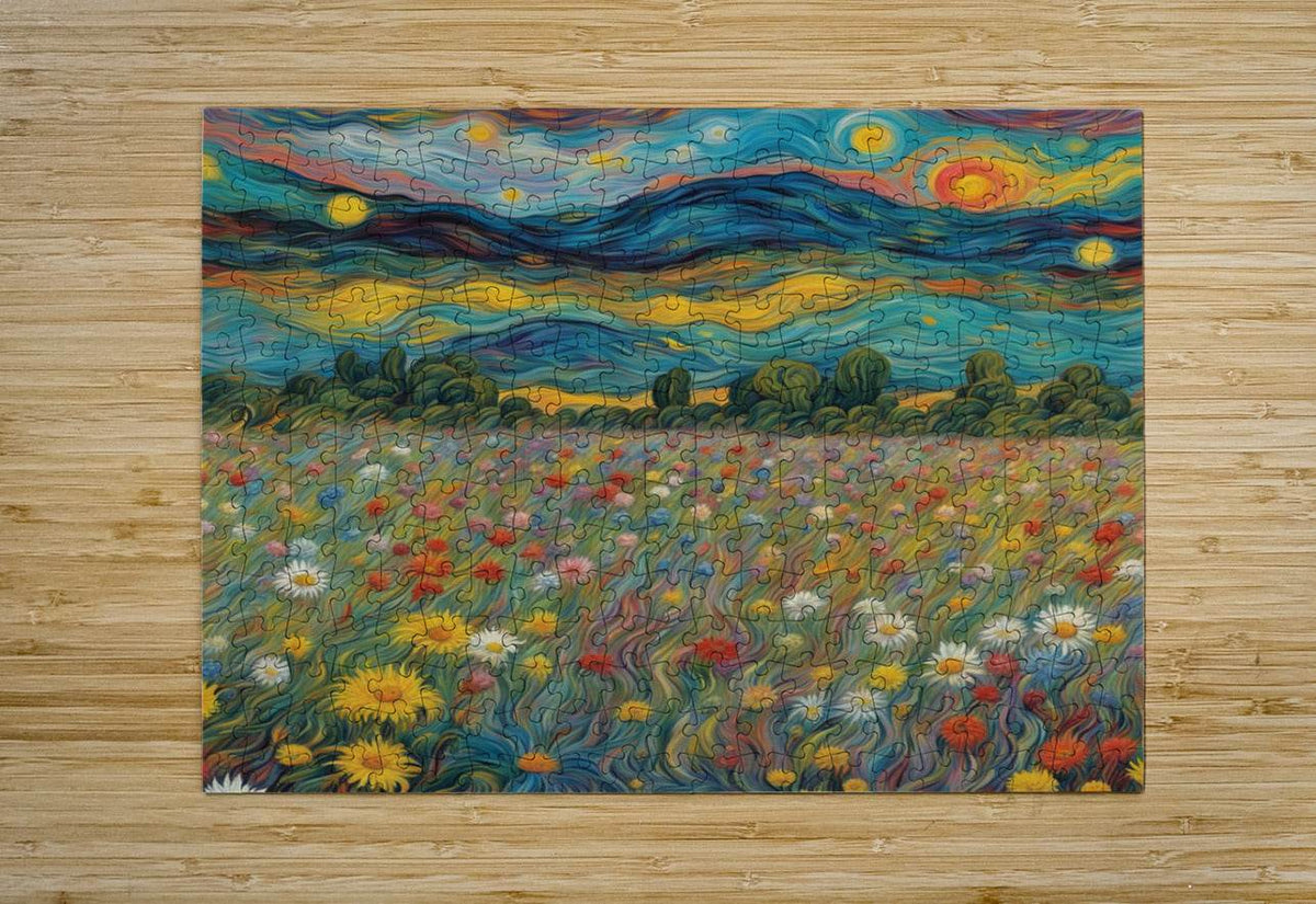 Wood-puzzle style artwork showing swirled sky and bright wildflower field