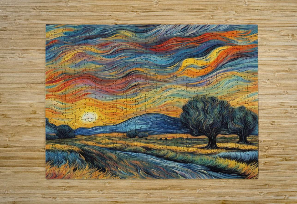 Jigsaw puzzle landscape print with swirling sky, sun, and large tree