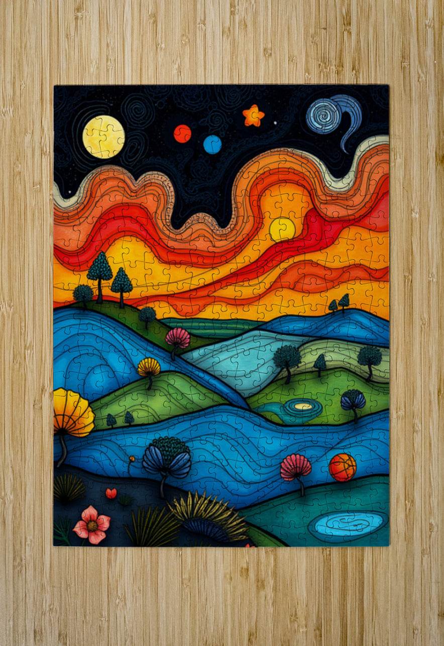 Abstract landscape puzzle print with layered hills, flowers, and floating planets