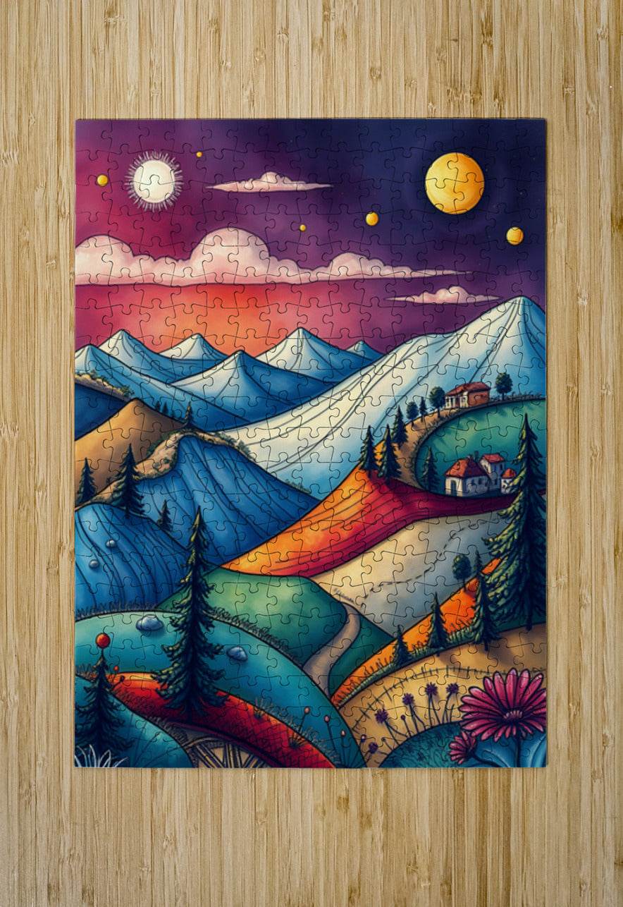Abstract landscape jigsaw puzzle image with mountains, trees, purple sky and planets